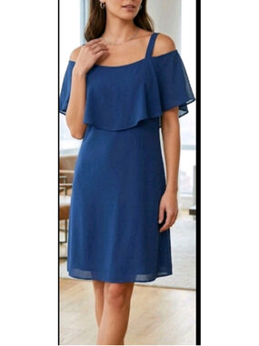 Signature by Robbie Bee Navy Blue Cold Shoulder Ruffle Dress Size 6 Vintage Y2K